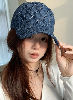 韩版百搭复古格纹牛仔棒球帽女四季通用百搭显脸小鸭舌帽蓝色帽子