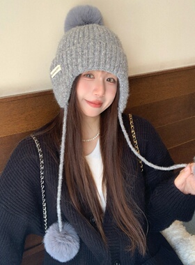 白色护耳针织帽女2025冬季韩系大头围毛线帽包头保暖毛球秘鲁帽子