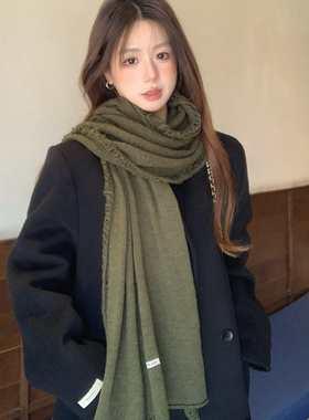 秋冬保暖精致软糯亲肤含羊毛围巾女百搭围脖针织流苏毛边绿色披肩