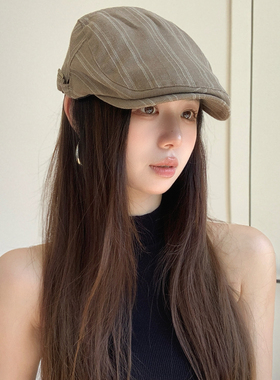 复古条纹显脸小反戴贝雷帽