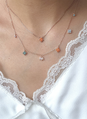 s925通体纯银幸运四叶花mini项链小众彩锆设计法式优雅百搭轻奢女