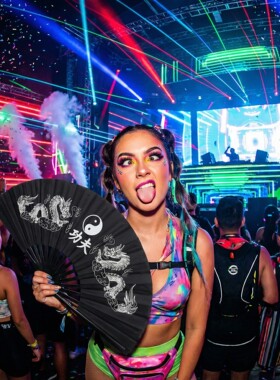 电音节 夜店功夫扇子黑色太极扇子舞蹈扇子表演扇子rave edm 响扇
