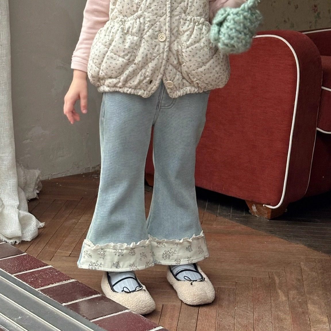 【正品现货】Coco女童牛仔裤子加绒2025冬装新款儿童韩版微喇碎花,淘宝优惠券,粉丝福利购,淘宝优惠卷