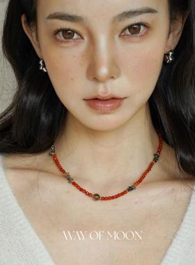 WAY OF MOON原创中式红色天然玛瑙茶晶复古串珠高级感毛衣链项链