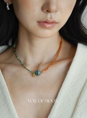 WAY OF MOON原创设计复古轻奢切片玛瑙搭配手工陶瓷毛衣链项链