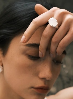 【森制SHINSEI官方】手工雕纹天然月光石戒指 原创设计纯银饰品