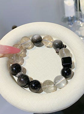 天然水晶 银曜水晶设计感手链 大颗粒烟晶水晶手串 水晶手饰品diy