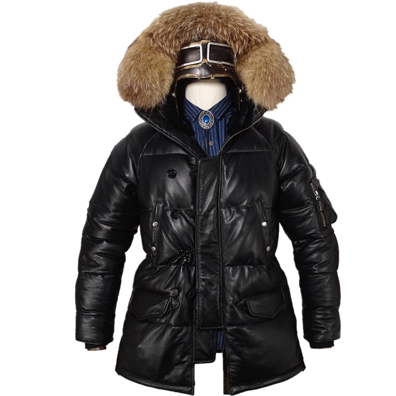进口头层小牛犊皮日版N3-B真皮羽绒服中长款毛领连帽大衣冬季保暖 - 图3