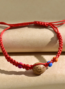 手工编制端午节凤尾桃核红绳手链线五月儿童五彩绳手环饰品