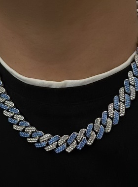 镶钻菱形古巴链蓝白钻