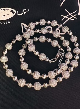 嘻哈风锆石钢珠间隔串珠项链