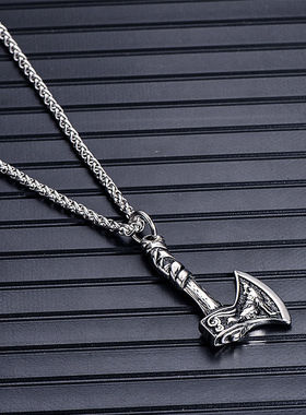 复古钛钢维京武战斧凯尔特狼项链