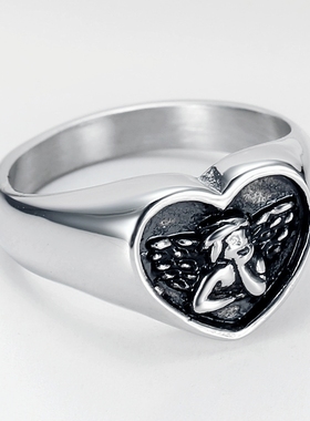 时尚男女钛钢天使爱心形印章戒指