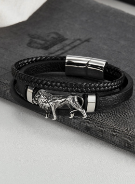 嘻哈男钛钢狮子王多层编织皮手链