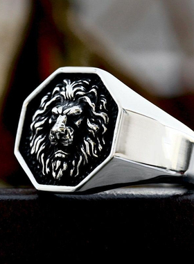 潮男钛钢复古狮子王几何印章戒指