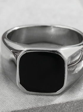 男女钛钢滴胶简约几何方印章戒指