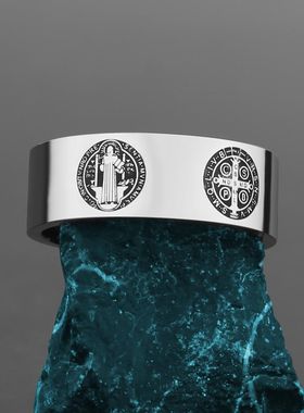 男女圣本笃会十字架钛钢光面戒指