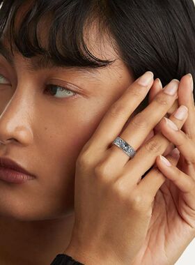 男女钛钢复古捶打纹太阳月亮戒指