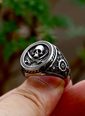 男钛钢维京加勒比海盗刀骷髅戒指