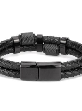 黑双层编织皮滚轮钛钢磁吸扣手链