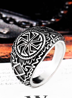 潮男复古钛钢维京太阳轮盾牌戒指