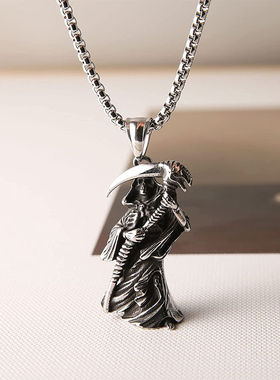 嘻哈男复古钛钢镰刀死神骷髅项链