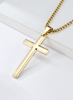 潮男女钛钢高抛光简约十字架项链