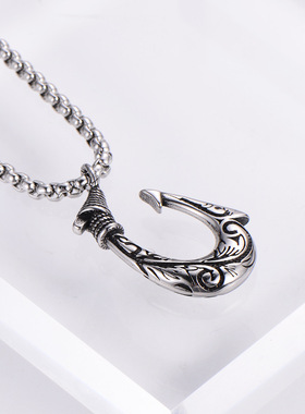 男女钛钢复古雕花鱼钩不掉色项链