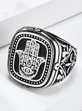 潮男复古法蒂玛之手方形印章戒指