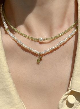 店长推荐小颗粒异形淡水珍珠翠绿橄榄石复古小清新简约款锁骨链女