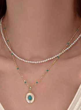 自留款白贝母绿松石吊坠施家珍珠项链轻奢小众叠戴气质时尚锁骨链