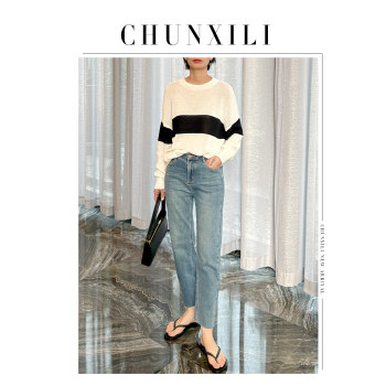 CHUNXILI/ ສີຄົມຊັດເສື້ອ sweater ຄໍຮອບ striped splicing ຄົນອັບເດດ: retro ພາກຮຽນ spring sweater top ສໍາລັບແມ່ຍິງ