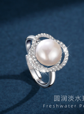 天然淡水真银珍珠戒指时尚个性食指戒指女纯银妈妈款开口小众设计