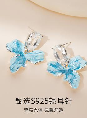 蓝花耳钉纯银耳饰女耳环