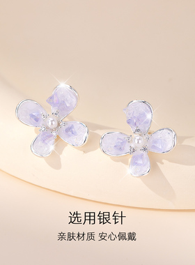 紫色花朵耳钉耳饰女巨好看