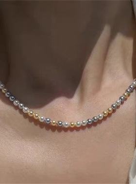 新款仿施家彩色珍珠项链女高级感小众时尚精致百搭气质叠戴锁骨