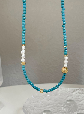 ins小众天然淡水珍珠串珠项链女百搭简约气质设计感绿松石锁骨链