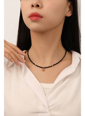 简约个性黑色串珠十字架项链女小众高级感精致时尚颈链choker
