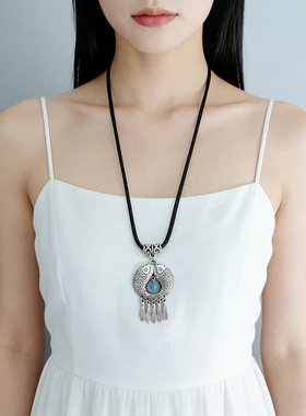 民族风双鱼吊坠项链银色流苏吊坠