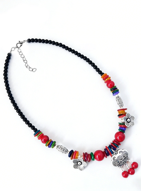 民族风彩色长命锁串珠项链女花朵