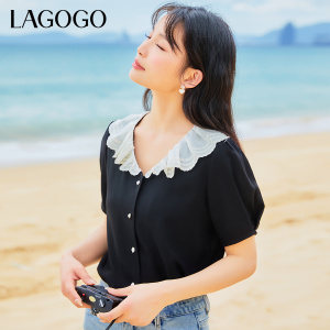 Lagogo拉谷谷娃娃领黑色短袖衬衫女夏季新款泡泡袖上衣雪纺衫甜美