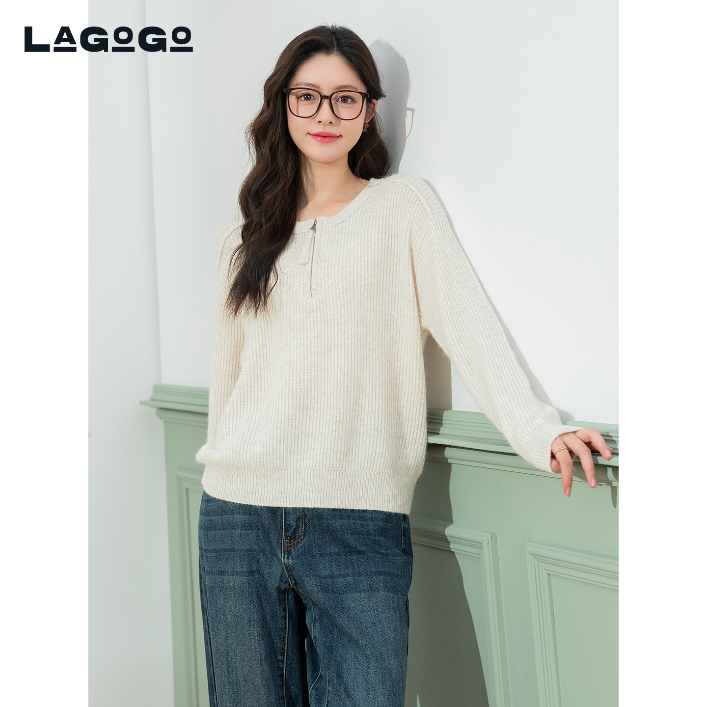 LAGOGO亮丝松弛感毛衣女拉谷谷2025冬新款含兔毛针织衫OCMM439K23 - 图0