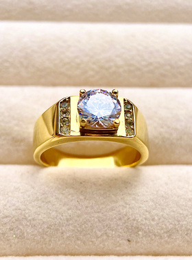 不掉色钛钢镶莫桑钻戒指镀金色锆钻男士简约钛钢结婚礼物指环男款