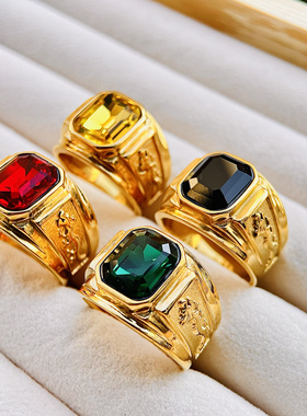 国风复古宫廷红绿宝石男士戒指越南沙金色霸气宽戒指高级时尚