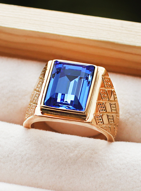 复古欧美男士蓝宝石钛钢金色戒指