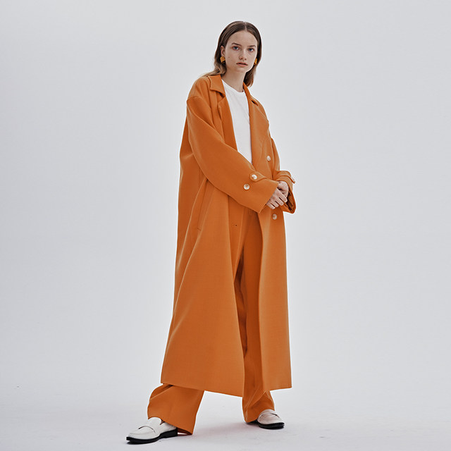 CUISUYUN21冬季独立设计师柑橘色天丝羊毛斜纹呢廓形中长款大衣