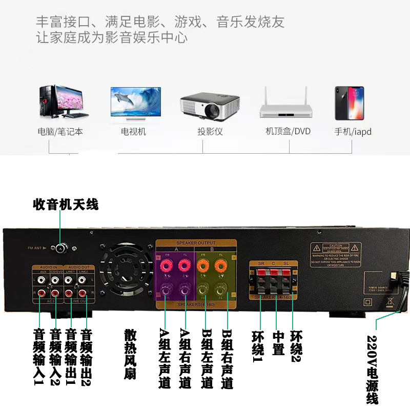 110V跨境热销AV666BT五声道5家用蓝牙功放机600W大功率铝合金功放 - 图3