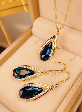 日韩设计感水滴形蓝色水晶项链耳钩配饰时尚气质个性简约套链饰品
