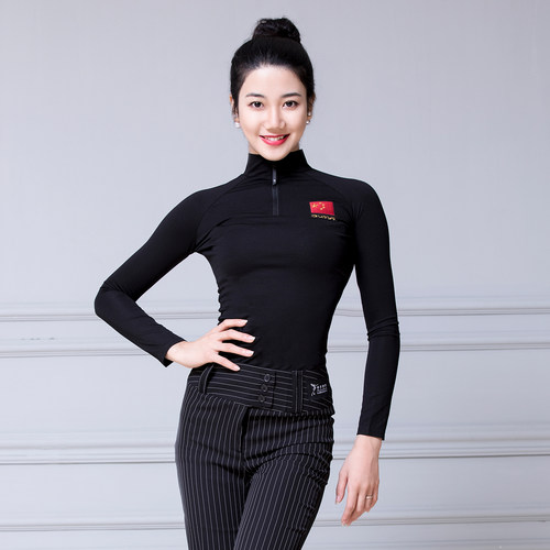 瑰意国标舞服装女男成人上衣拉丁舞摩登舞春秋长袖高领加绒练功服 - 图0
