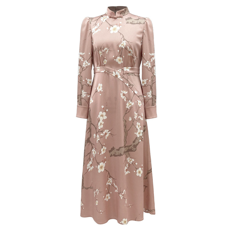 浒城古娘新款醋酸粉色印花复古优雅长袖新中式国风连衣裙女款春秋,淘宝优惠券,粉丝福利购,淘宝优惠卷